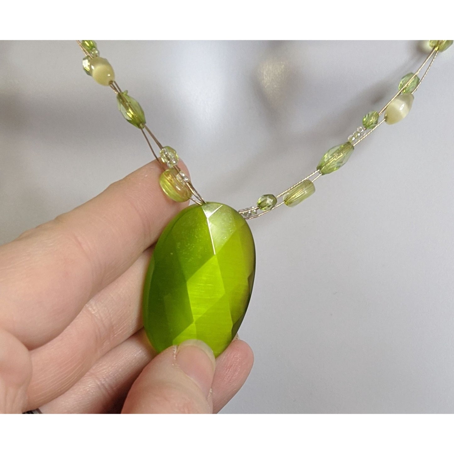 Mystical Green Faceted Oval Pendant Necklace With Beaded Strand