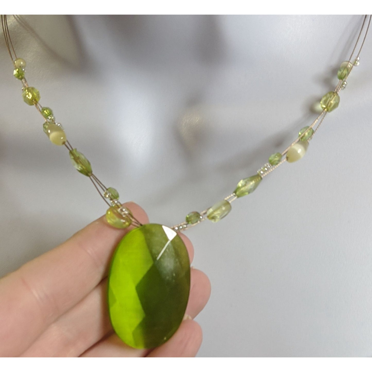 Mystical Green Faceted Oval Pendant Necklace With Beaded Strand