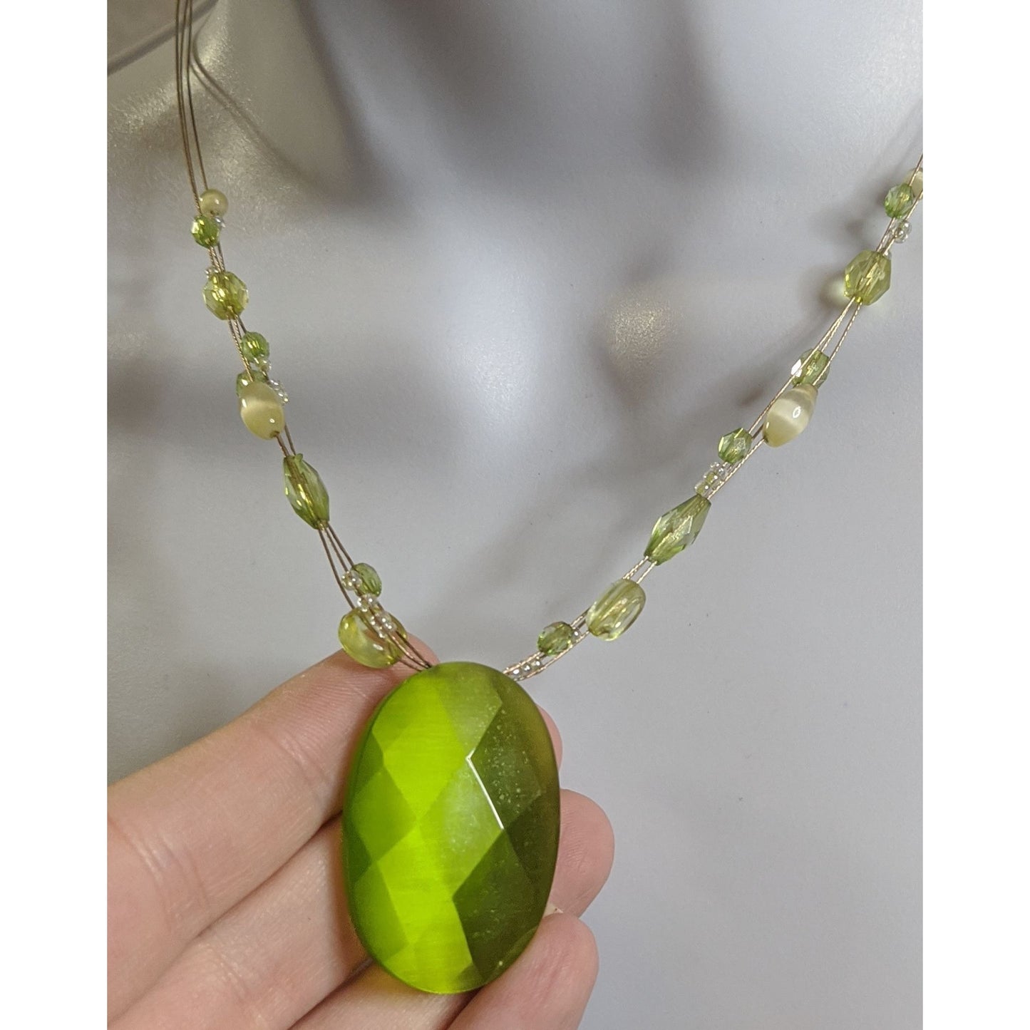 Mystical Green Faceted Oval Pendant Necklace With Beaded Strand
