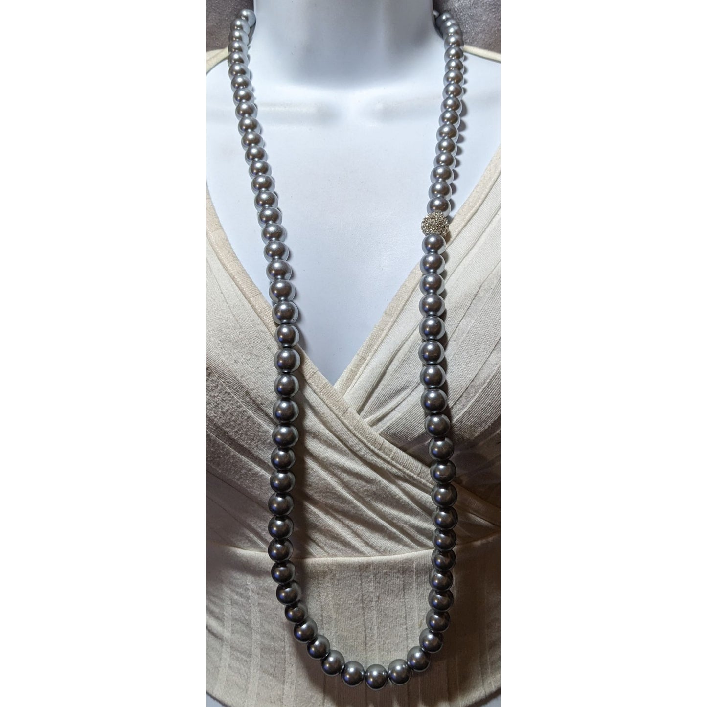 Glam Opera Silver Faux Pearl Beaded Necklace