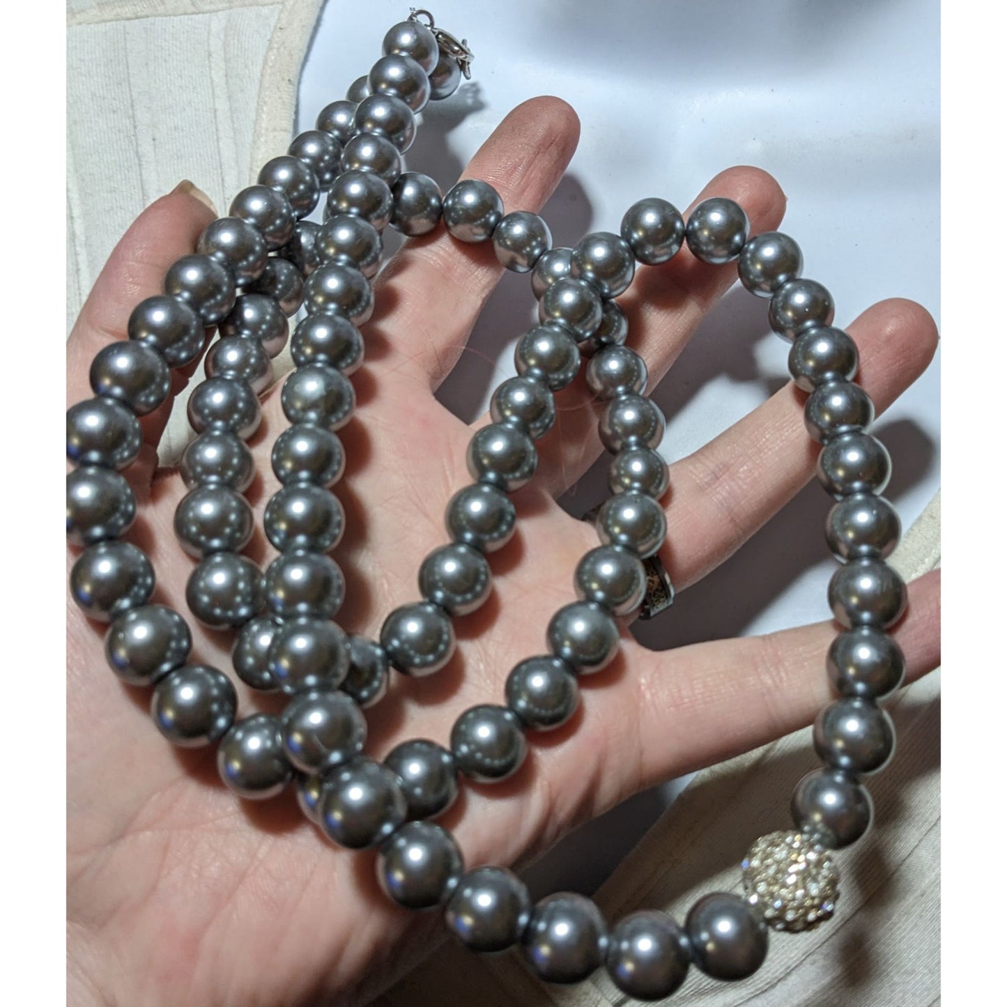 Glam Opera Silver Faux Pearl Beaded Necklace