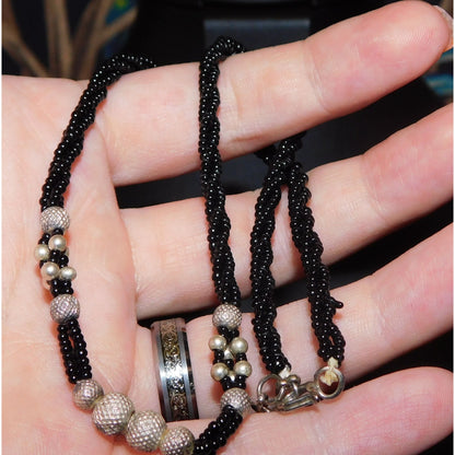 Simple Black And Silver Tone Beaded Necklace