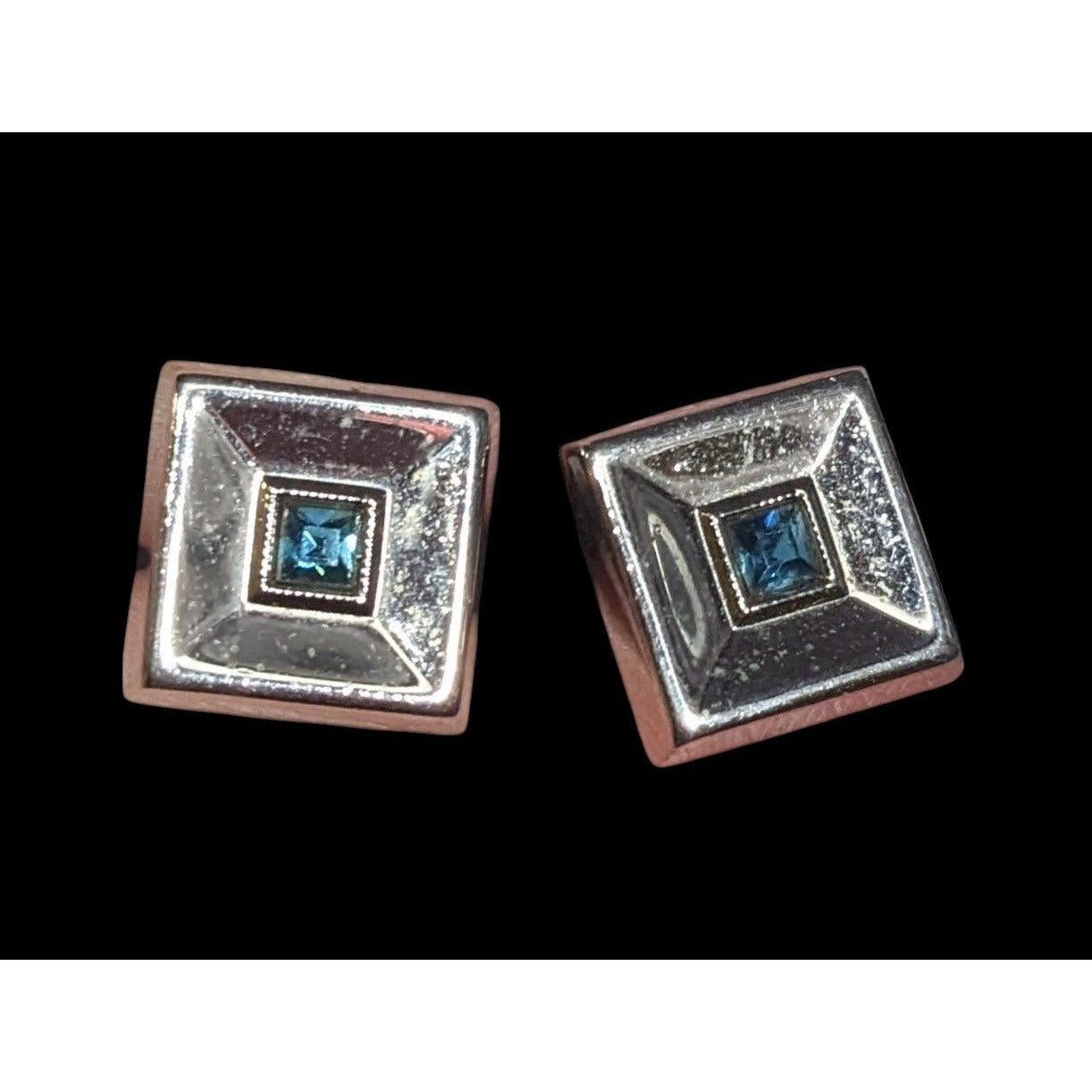 Vintage Square Silver Tone Cufflinks With Blue Gem Accents