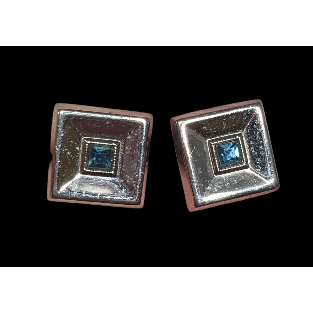 Vintage Square Silver Tone Cufflinks With Blue Gem Accents