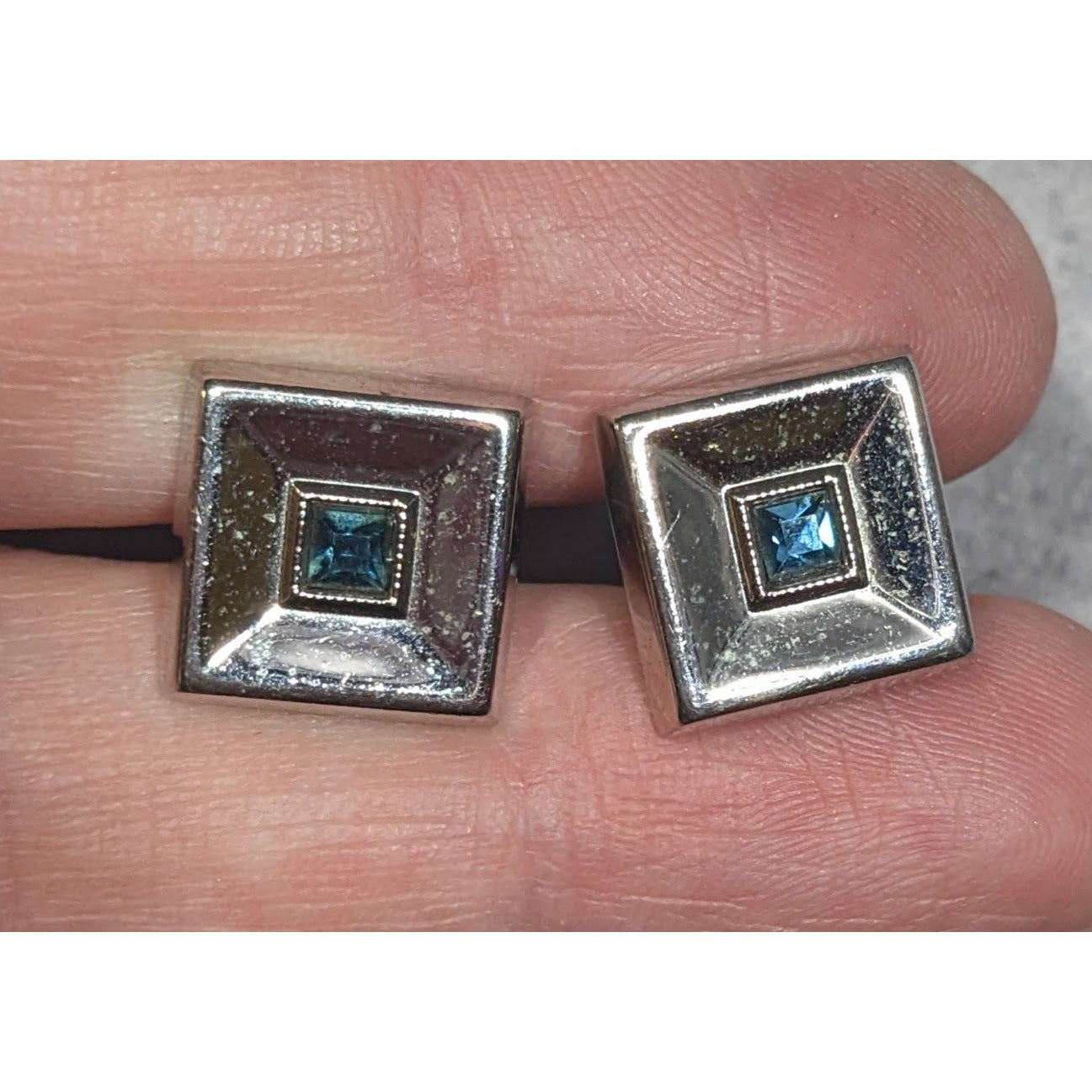 Vintage Square Silver Tone Cufflinks With Blue Gem Accents
