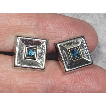 Vintage Square Silver Tone Cufflinks With Blue Gem Accents