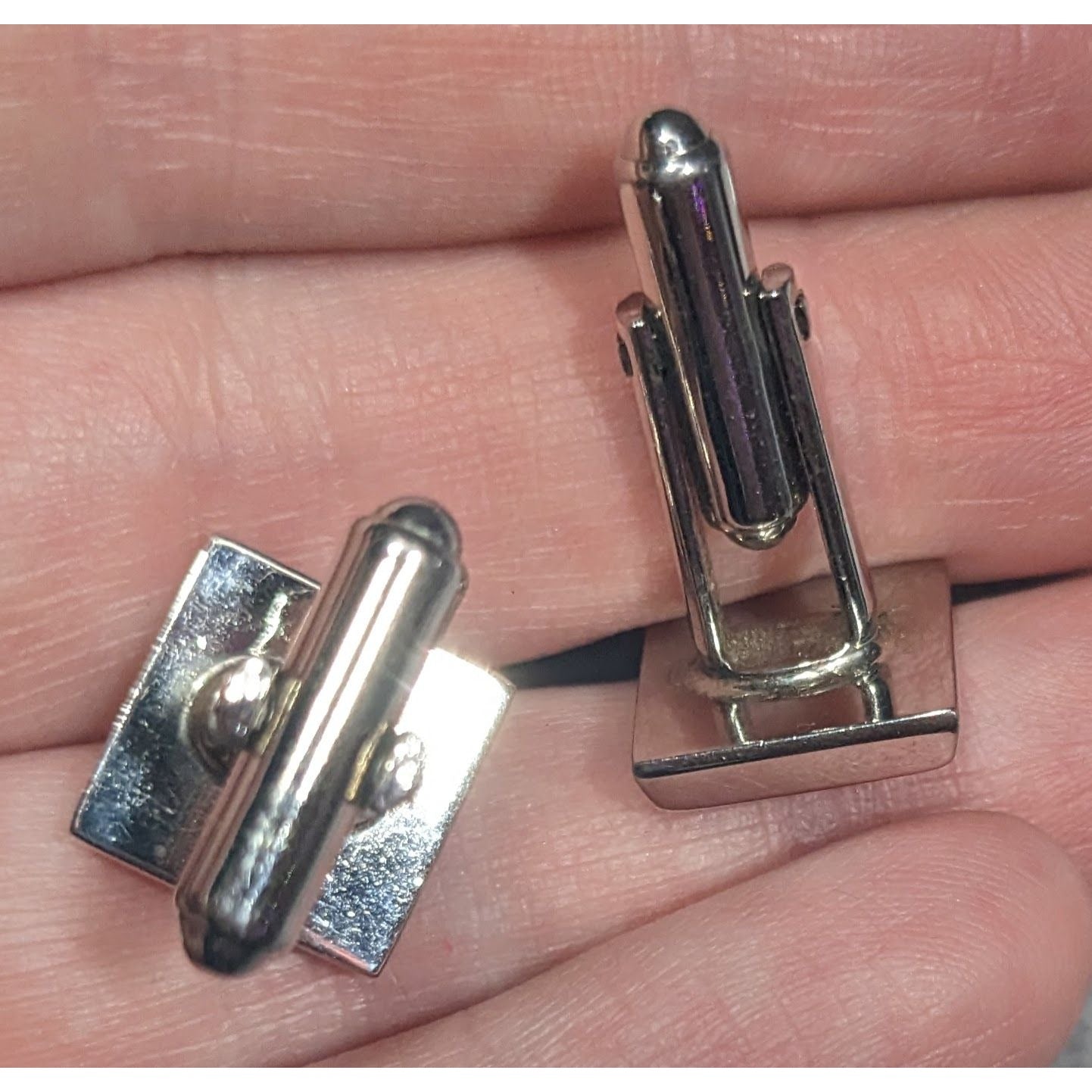 Vintage Square Silver Tone Cufflinks With Blue Gem Accents