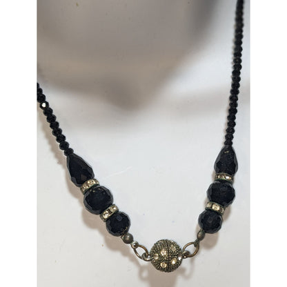 Vintage Glam Goth Black Beaded Necklace With Rhinestone Accented Magnetic Clasp Centerpiece