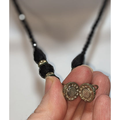 Vintage Glam Goth Black Beaded Necklace With Rhinestone Accented Magnetic Clasp Centerpiece