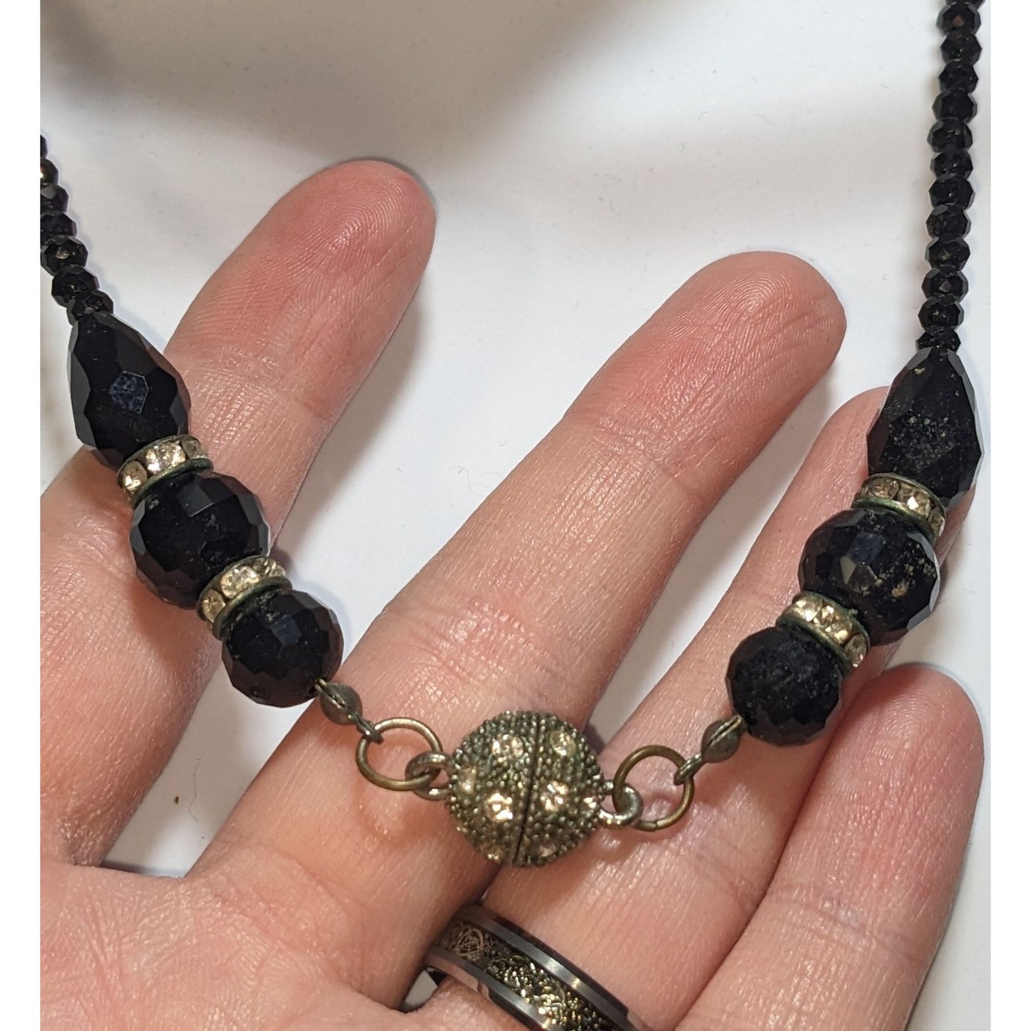 Vintage Glam Goth Black Beaded Necklace With Rhinestone Accented Magnetic Clasp Centerpiece