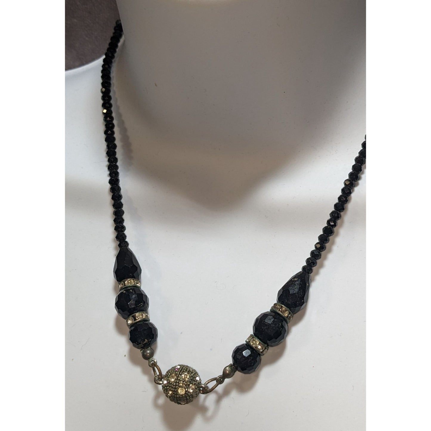 Vintage Glam Goth Black Beaded Necklace With Rhinestone Accented Magnetic Clasp Centerpiece