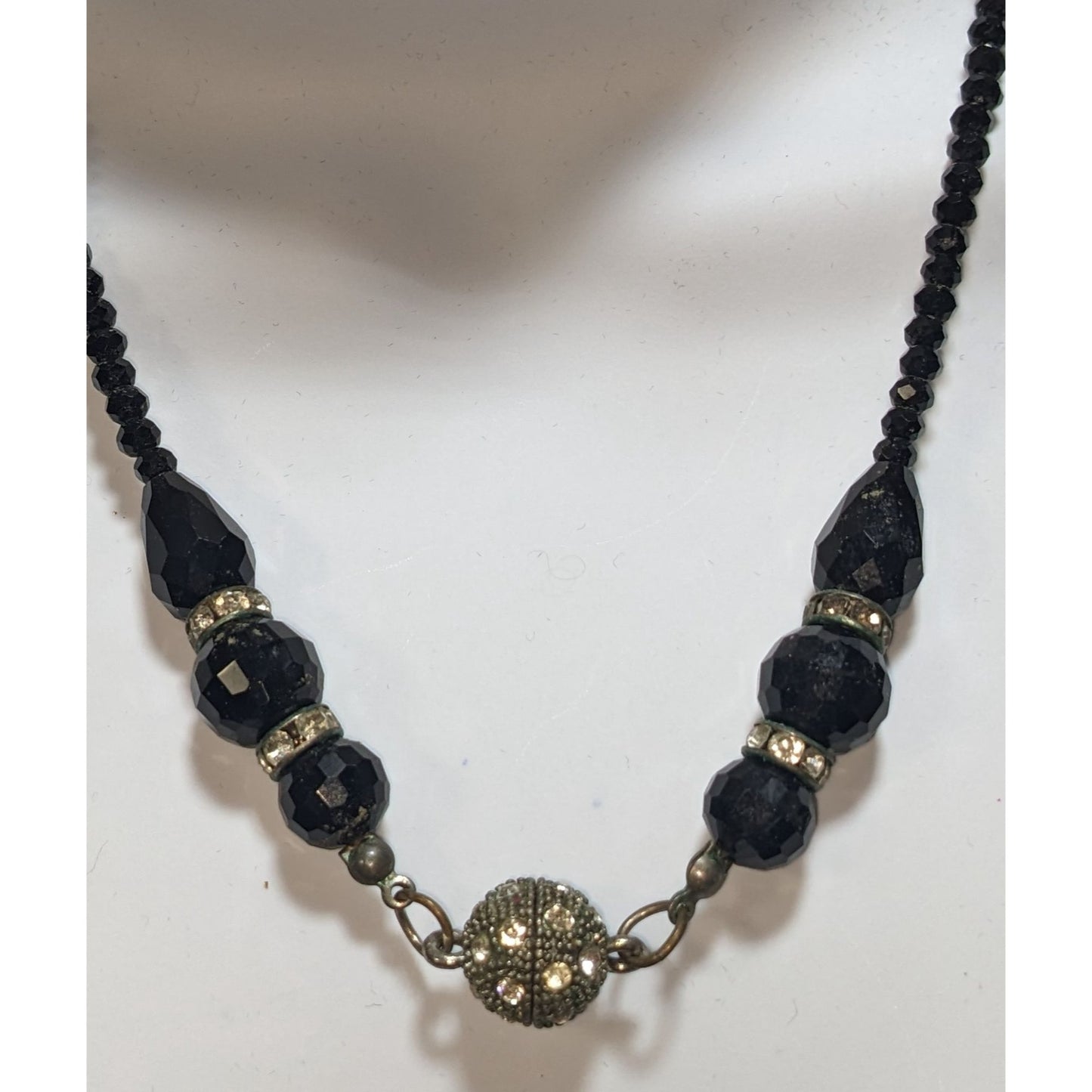 Vintage Glam Goth Black Beaded Necklace With Rhinestone Accented Magnetic Clasp Centerpiece