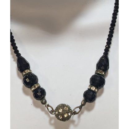 Vintage Glam Goth Black Beaded Necklace With Rhinestone Accented Magnetic Clasp Centerpiece