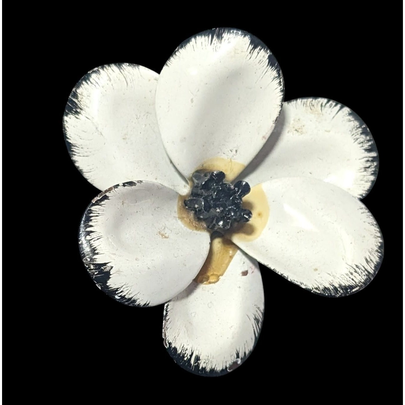 Vintage Metal Black And White Floral Brooch