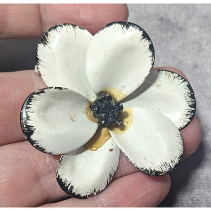 Vintage Metal Black And White Floral Brooch