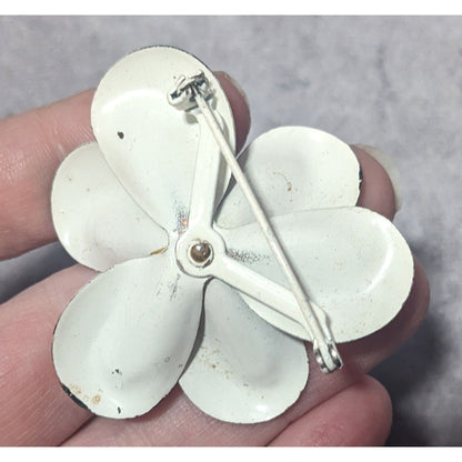 Vintage Metal Black And White Floral Brooch