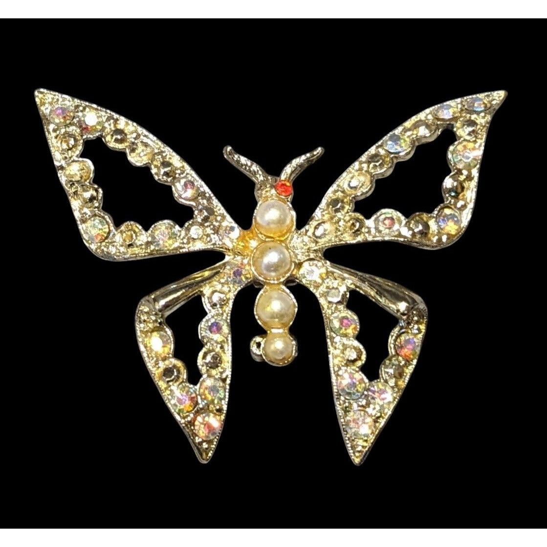 Vintage Gemmed Gold Tone Open Butterfly Brooch