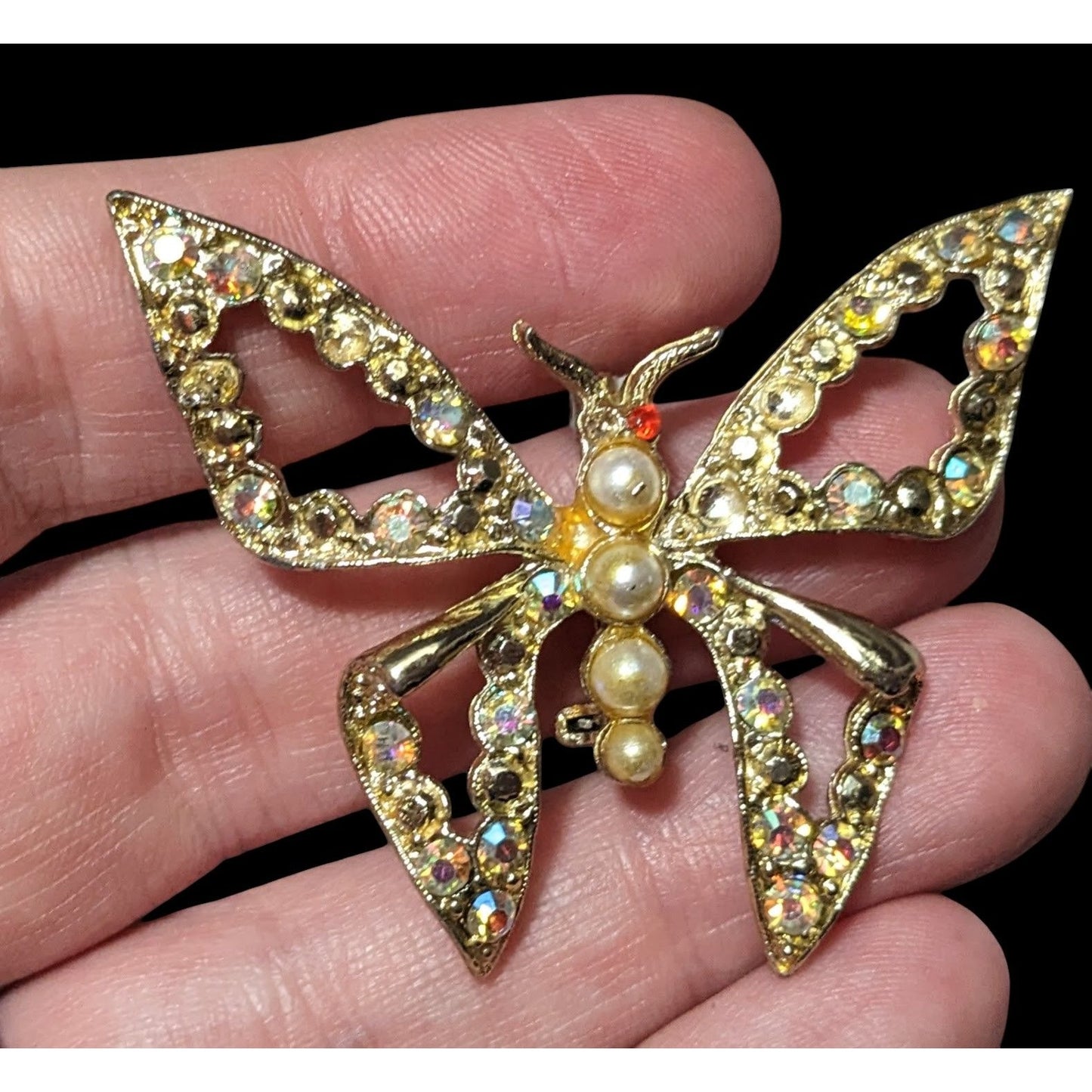 Vintage Gemmed Gold Tone Open Butterfly Brooch