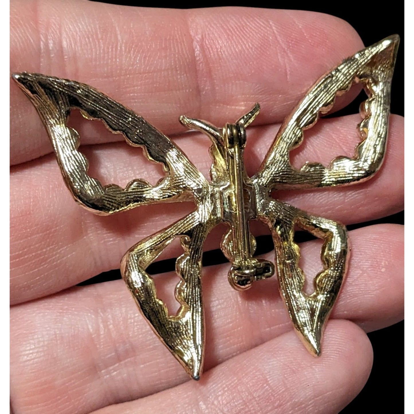 Vintage Gemmed Gold Tone Open Butterfly Brooch