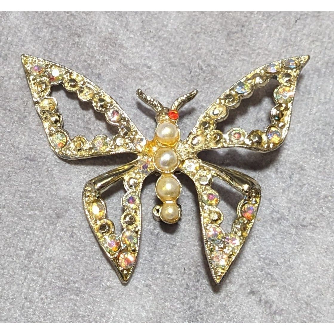 Vintage Gemmed Gold Tone Open Butterfly Brooch