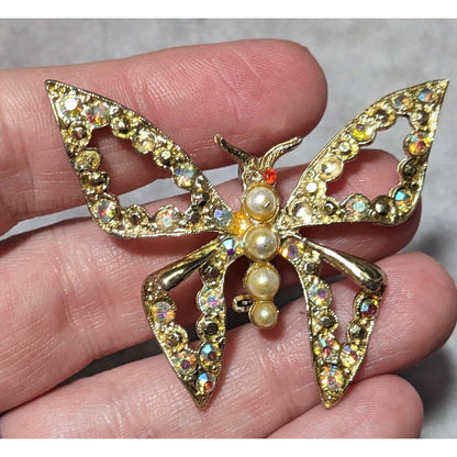 Vintage Gemmed Gold Tone Open Butterfly Brooch