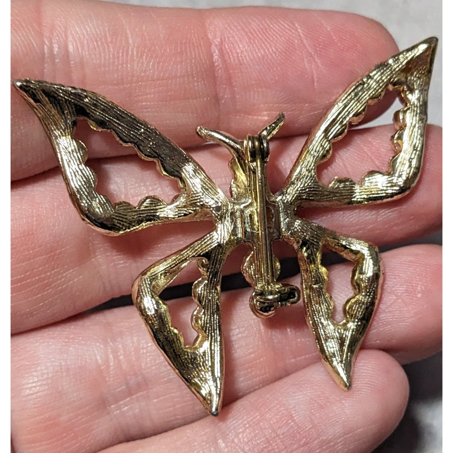 Vintage Gemmed Gold Tone Open Butterfly Brooch