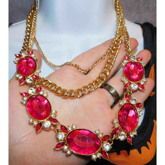 Vintage Glam Magenta And Gold Tone Statement Necklace
