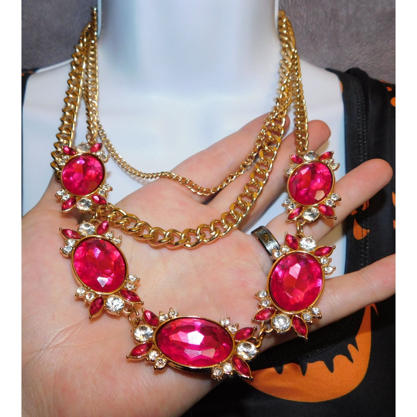 Vintage Glam Magenta And Gold Tone Statement Necklace