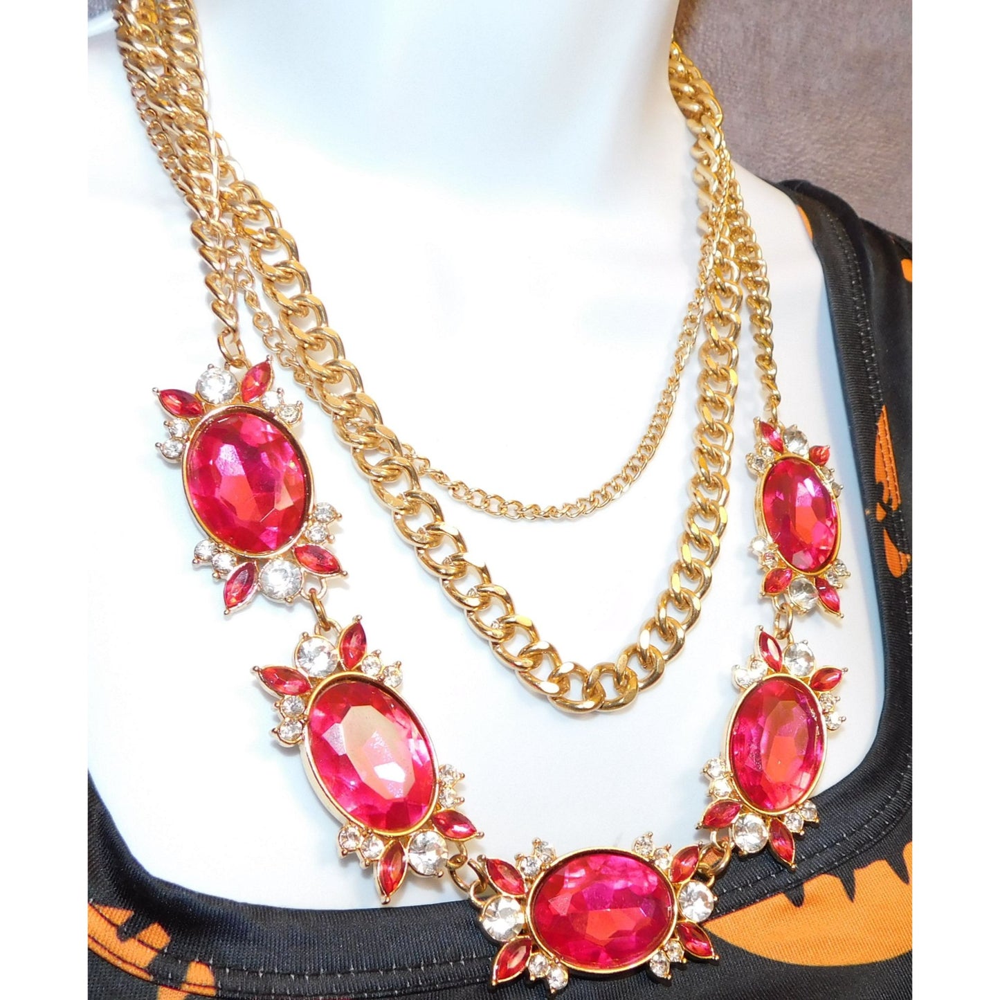 Vintage Glam Magenta And Gold Tone Statement Necklace