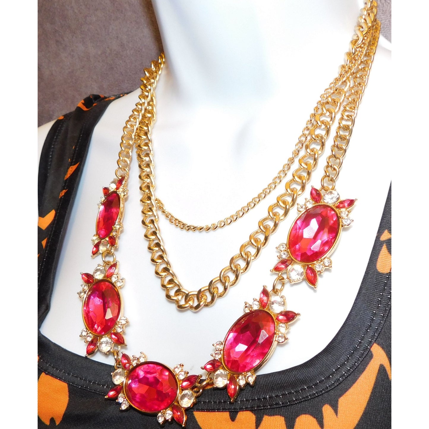 Vintage Glam Magenta And Gold Tone Statement Necklace