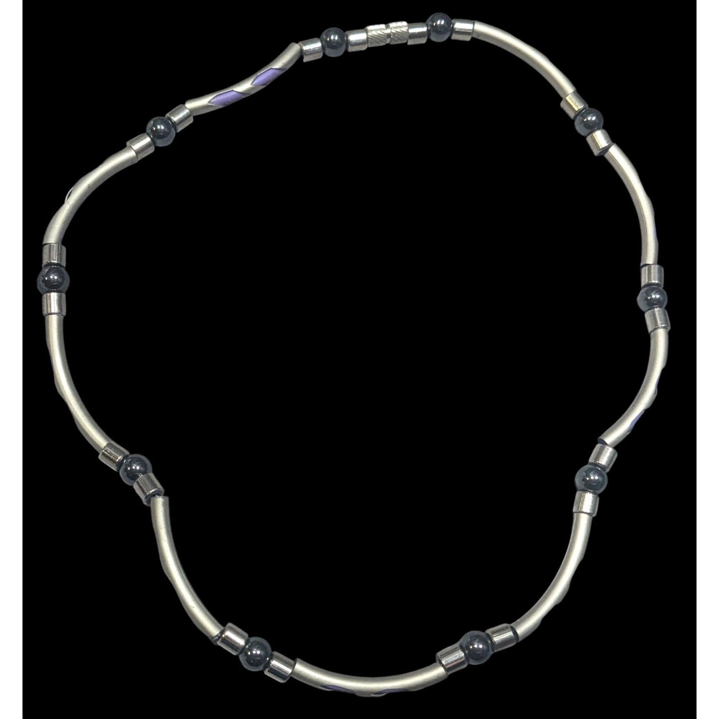 Vintage 90s Silver Tone Tube Beads With Purple Rubber Accents And Hematite Accent Beads