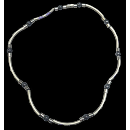 Vintage 90s Silver Tone Tube Beads With Purple Rubber Accents And Hematite Accent Beads