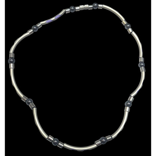 Vintage 90s Silver Tone Tube Beads With Purple Rubber Accents And Hematite Accent Beads