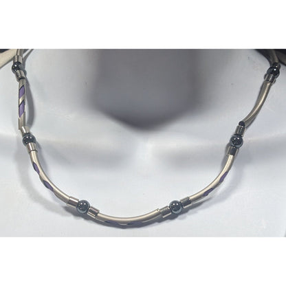 Vintage 90s Silver Tone Tube Beads With Purple Rubber Accents And Hematite Accent Beads