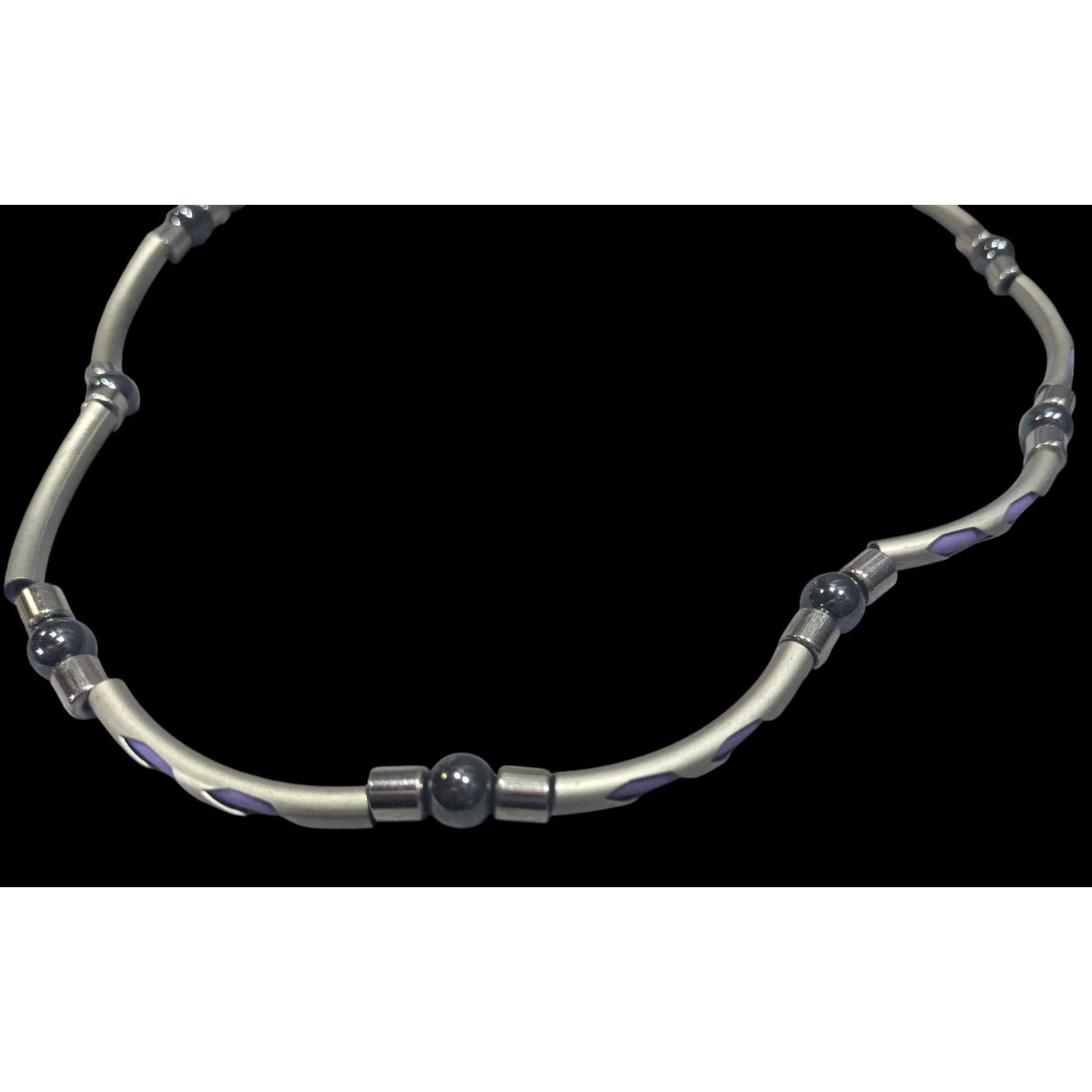 Vintage 90s Silver Tone Tube Beads With Purple Rubber Accents And Hematite Accent Beads