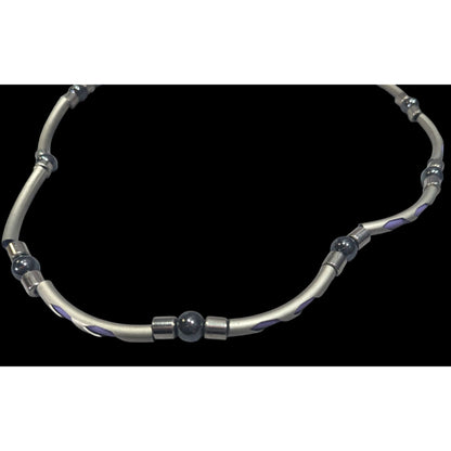 Vintage 90s Silver Tone Tube Beads With Purple Rubber Accents And Hematite Accent Beads