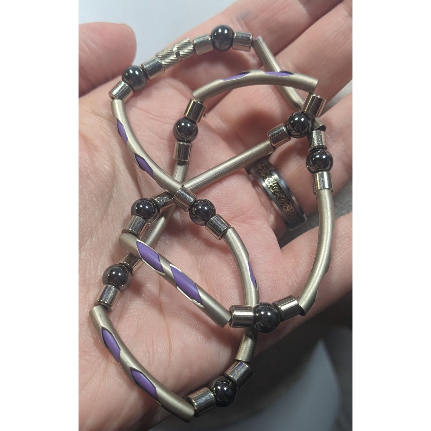 Vintage 90s Silver Tone Tube Beads With Purple Rubber Accents And Hematite Accent Beads
