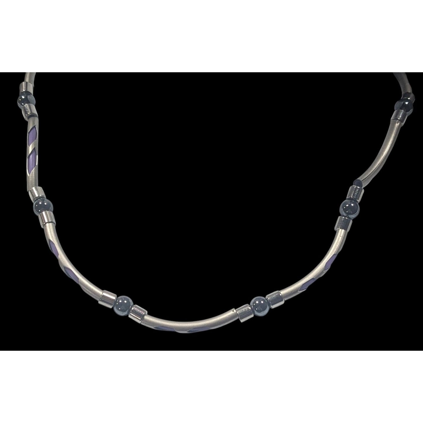 Vintage 90s Silver Tone Tube Beads With Purple Rubber Accents And Hematite Accent Beads