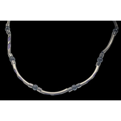 Vintage 90s Silver Tone Tube Beads With Purple Rubber Accents And Hematite Accent Beads
