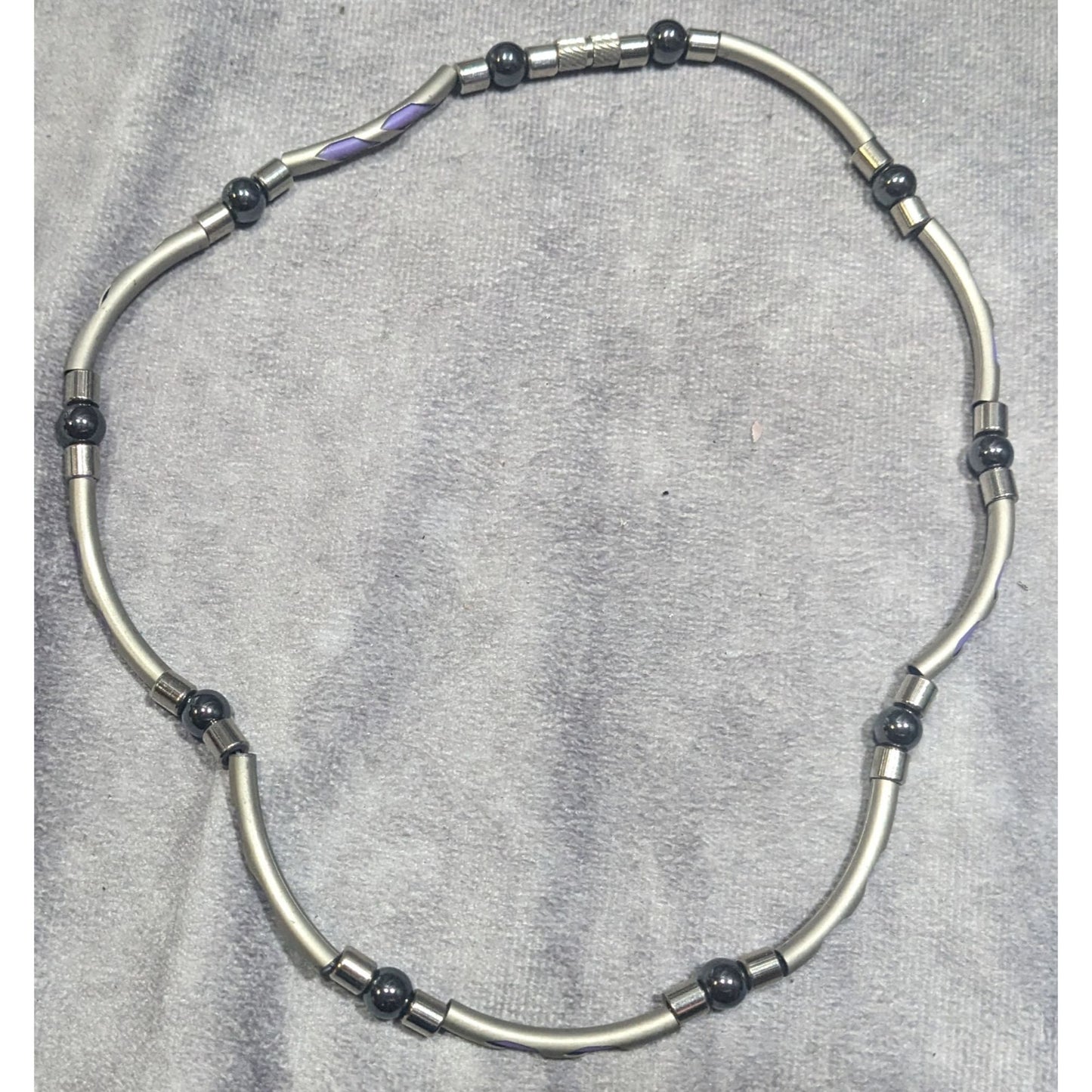 Vintage 90s Silver Tone Tube Beads With Purple Rubber Accents And Hematite Accent Beads