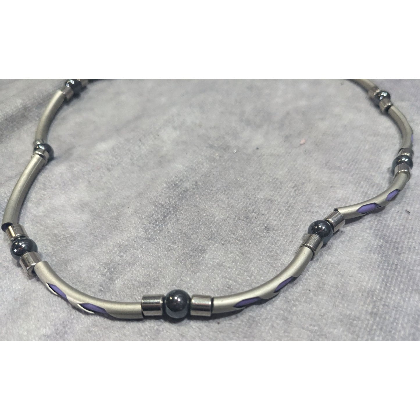 Vintage 90s Silver Tone Tube Beads With Purple Rubber Accents And Hematite Accent Beads