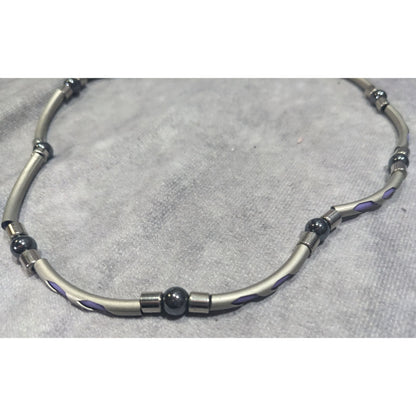 Vintage 90s Silver Tone Tube Beads With Purple Rubber Accents And Hematite Accent Beads