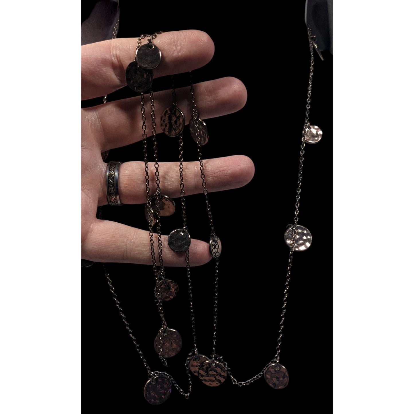 Daisy Fuentes Bronze Tone Hammered Disc Opera Length Charm Necklace