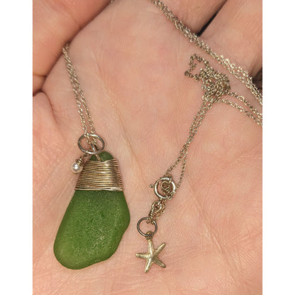 Handmade Sea Glass Pendant Necklace Green Silver Mermaidcore Nature