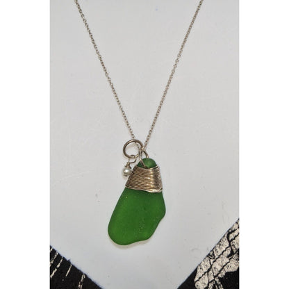 Handmade Sea Glass Pendant Necklace Green Silver Mermaidcore Nature