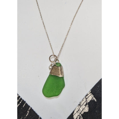 Handmade Sea Glass Pendant Necklace Green Silver Mermaidcore Nature