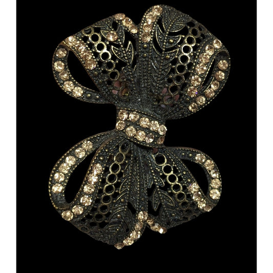 Coquette Glam Rhinestone Antiqued Gold Tone Bow Ring