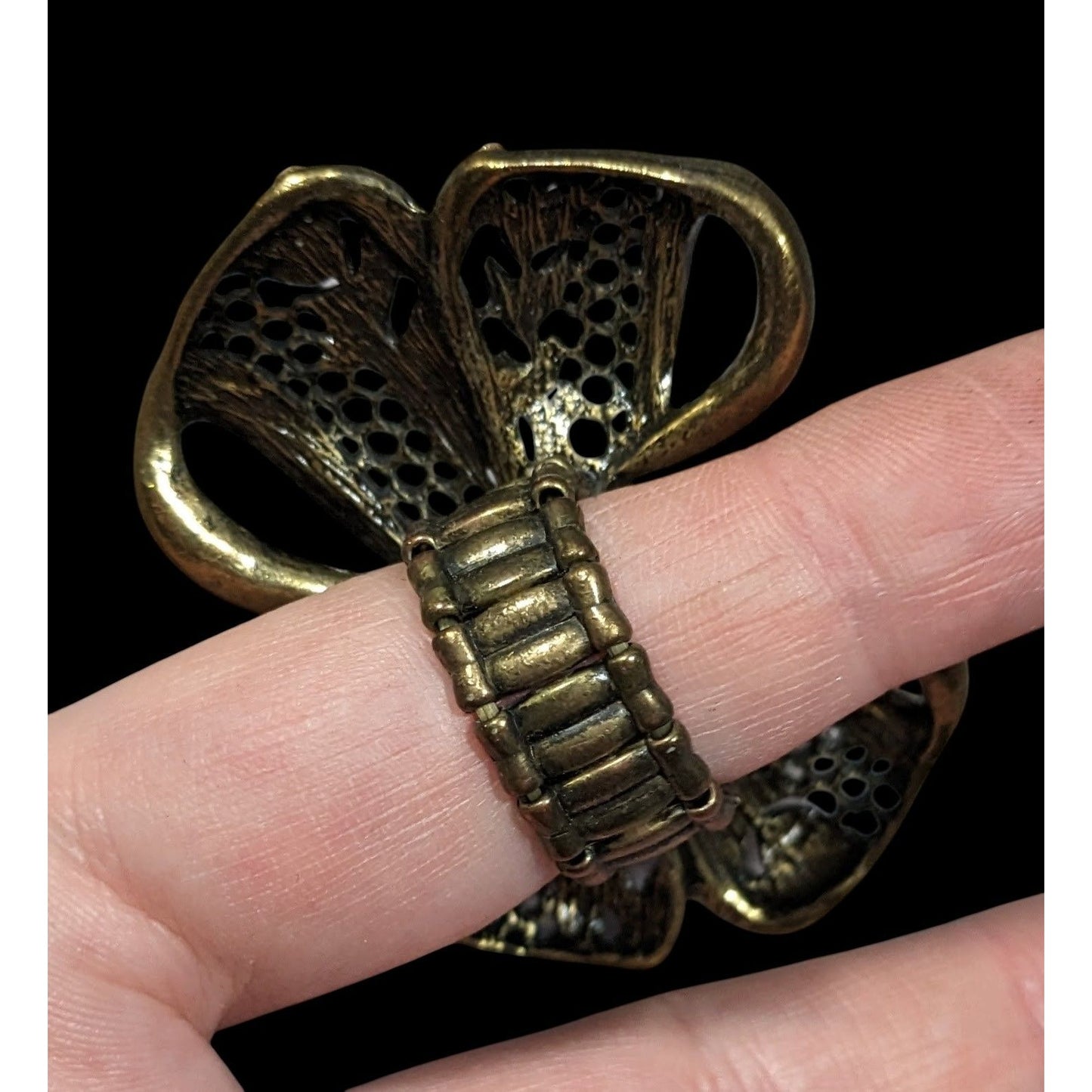 Coquette Glam Rhinestone Antiqued Gold Tone Bow Ring