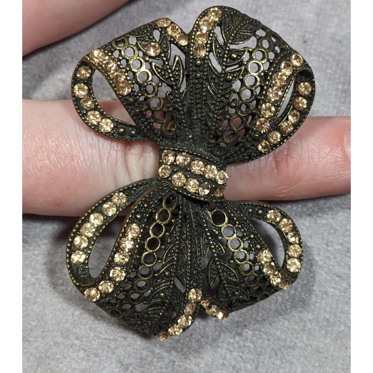 Coquette Glam Rhinestone Antiqued Gold Tone Bow Ring