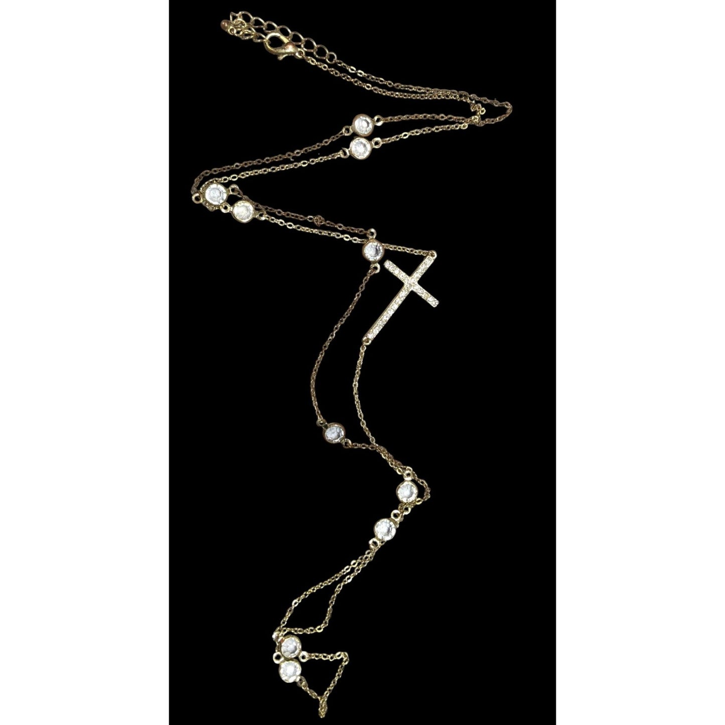 Elegant Glam Gold Tone Cross Station Necklace With Faceted Gems And Rhinestones